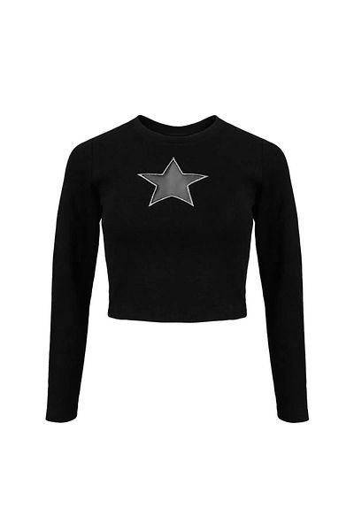Gofeel Harajuku Star Print See-Through Detail Long Sleeve Black Crop Top Blouse