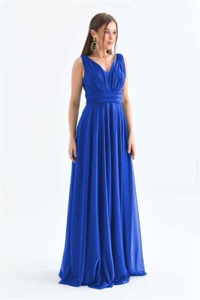 Dipmoda Kadın Saks Mavisi V Yaka Simli Tül Abiye Elbise Dps9223