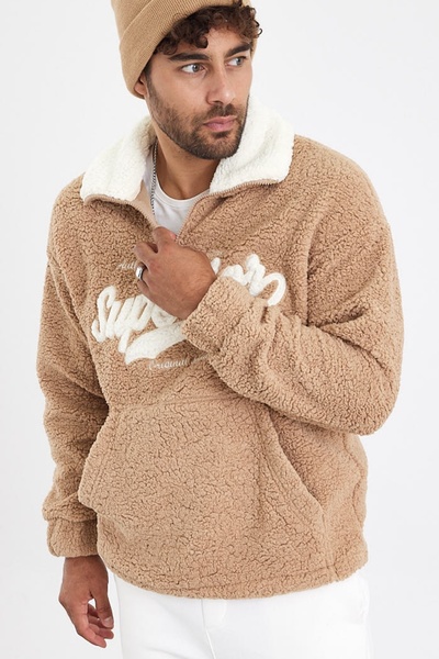 MADZEYMODA New Season Ανδρικό μισό φερμουάρ Λεπτομερές μπεζ βελούδινο φούτερ Mz81006