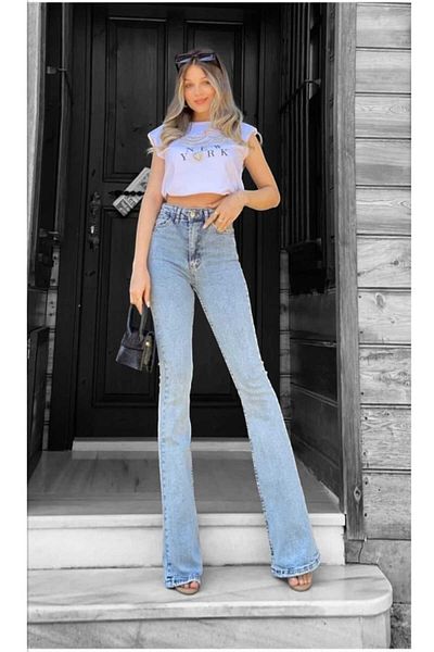 LİMABEL Light Snow Wash Spaghetti Leg Jeans High Waist Flare Jeans Collector