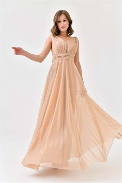 Dipmoda Kadın Gold V Yaka Simli Tül Abiye Elbise Dps9223