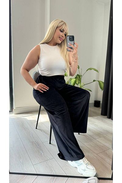 Butik Nilyam Women's Large Size Wide Leg Stretchy High Waist Velvet Trousers 24604