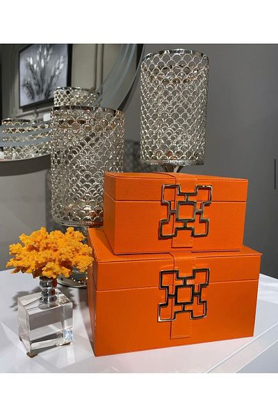 CREARTHOME Gold Orange 2-Piece Leather Box - Square Metal Detailed, Ak.Jr005
