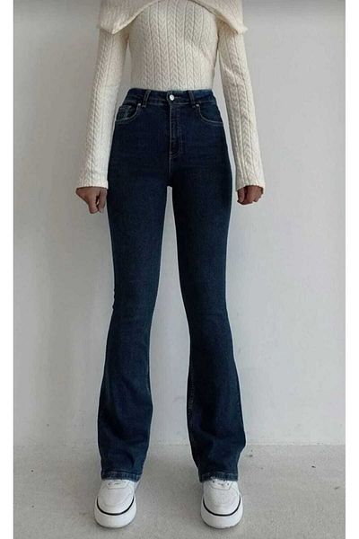 LİMABEL Dark Blue Flare Leg Denim Pants High Waist Flare Jeans Gathering