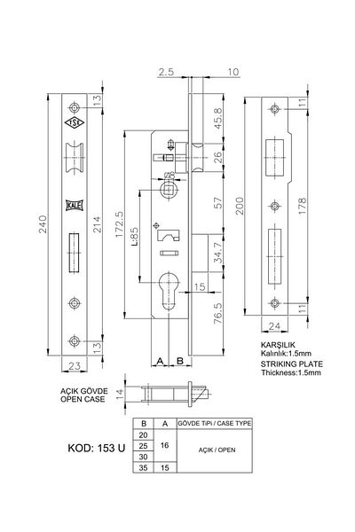 BilfolD Kale 153 U 25 mm Tongue Cylinder Lock