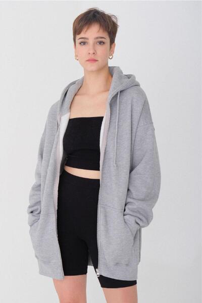 BUSEM Kadın Kapüşonlu Üç İplik Owersize Fermuarlı Sweatshirt Gri