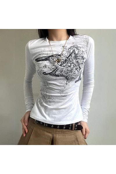 Gofeel Λευκό Vintage Punk μακρυμάνικο Crop - Harajuku