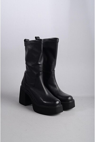 SEÇ KUNDURA SEÇ 20695 HAKİKİ DERİ STREÇ PLATFORM TOPUKLU KADIN BOT (Topuk Boyu:8,5cm) SİYAH