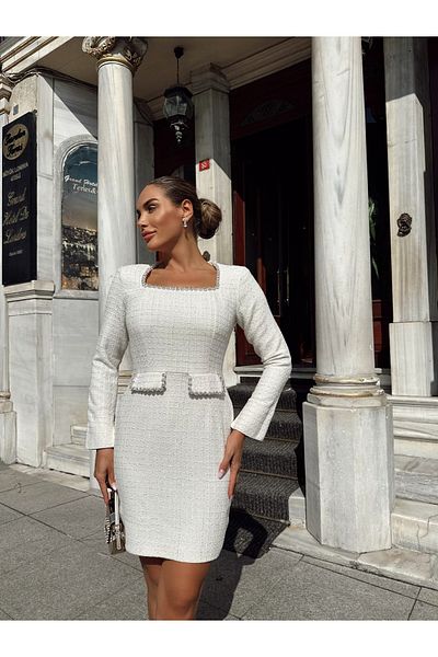 1Moda1Tarz Γυναικείο φόρεμα μίντι με λευκό γιακά και πέτρα τσέπης με ειδική επένδυση