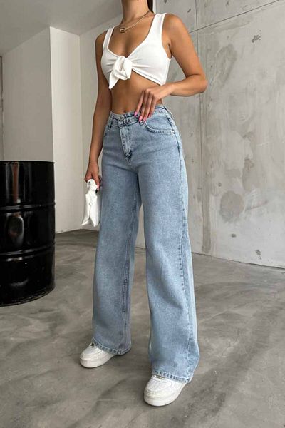 Trn JNS Elena anii 90 Blue Snow Wash Lycra cu talie super înaltă, blugi largi Pantaloni Palazzo