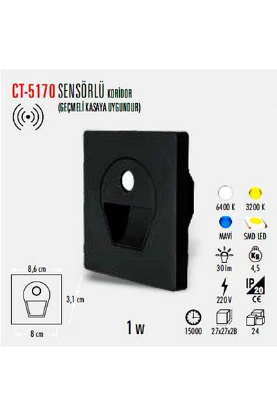 Cata Ct-5170 1 Watt White Black Case Corridor Luminaire with Sensor