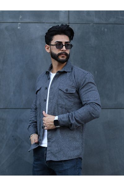 Esra Butik Hane Мъжка риза Lumberjack с двоен джоб и капак, сиво кашмирено яке с копчета