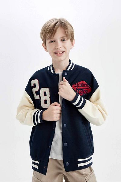 DeFacto Boys' Seasonal Lightweight Bomber Cardigan - College Collar, Snap Closure, Double Pockets 3138455