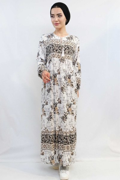Mestore Fashion Stripe Ethnic Pattern Dress Beige