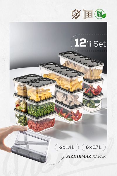 Vienev 12-Piece Transparent Anthracite Block Refrigerator and Freezer Leak-Proof Storage Container