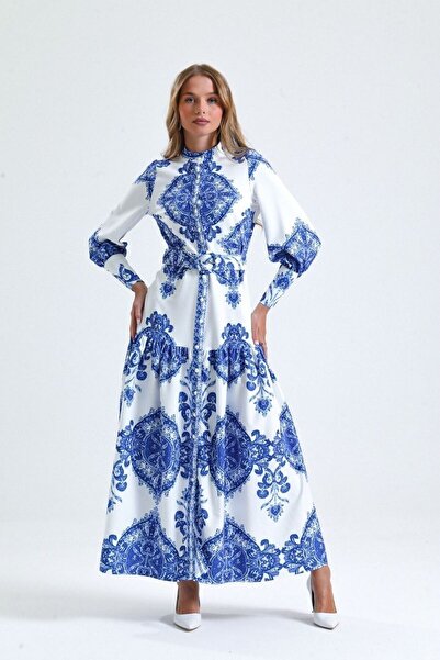 WellWay فستان قماش أطلس (يشمل الحزام) - أزرق Nhn83