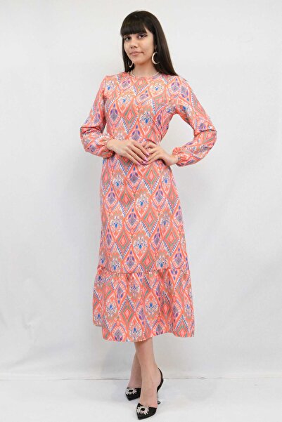 Mestore Fashion Stripe Shawl Pattern Dress Orange