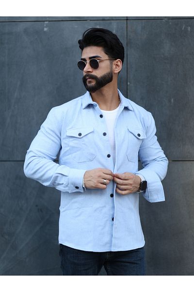 Esra Butik Hane Мъжка риза Lumberjack с двоен джоб и капак, синьо кашмирено яке с копчета