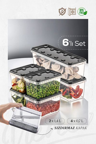 Vienev 6-Pack Clear Anthracite Block Refrigerator and Deep Freezer Storage Container - 1.4 Lt/0.7 Lt