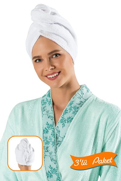 MODANTY Towel Hair Drying Cap - Buttoned - Microfiber - White - 3-Piece