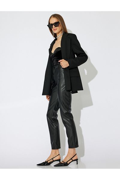 Koton X Zeynep Cushion - Slim Fit Low Waist Faux Leather Pants with Pockets
