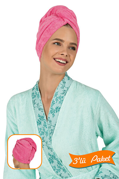 Modanty Havlu Saç Kurulama Bonesi - Düğmeli - Mikrofiber - Pembe - 3'lü