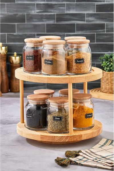 ŞAKİLATA CONCEPT Set of 10 Spice Rack Storage Jars 300ml Wooden Vacuum Lid Rolling Stand Labeled Jar
