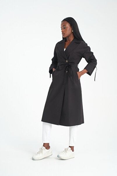 Soydan Güner Su Geçirmez Kırışmaz Astarsız Ara Boy Yazlık Trençkot Siyah 7260