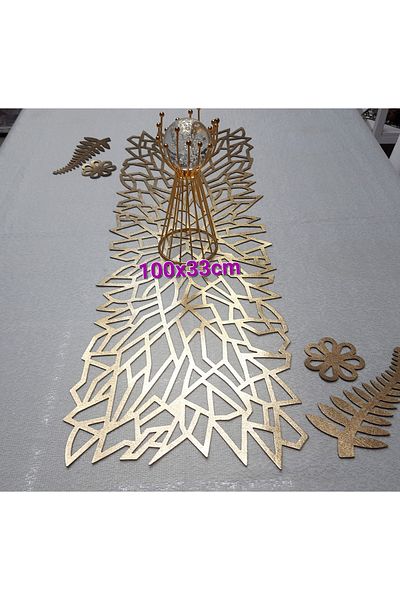 SEHARA Χρυσό Faux Leather Runner - 100x32cm, Φύλλο, 2 Φύλλα και 2 Μοτίβα Λουλουδιών Δώρο