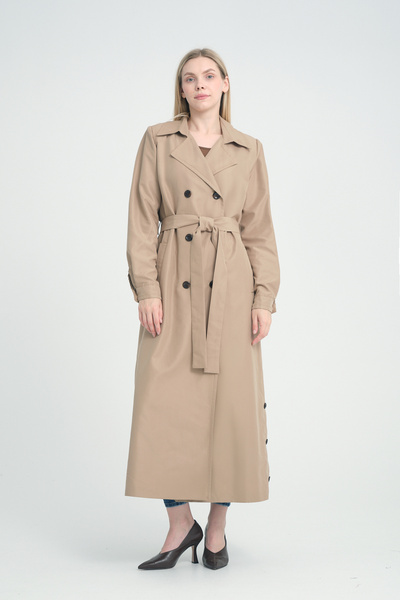 Soydan Güner Su Geçirmez Kırışmaz Tam Boy Trençkot Vizon (138 CM) 3810