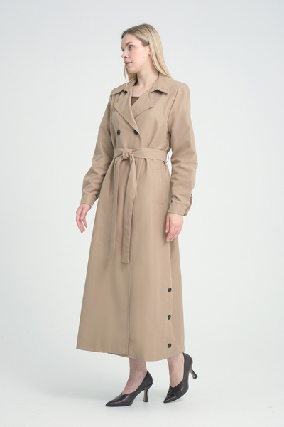 Soydan Güner Su Geçirmez Kırışmaz Tam Boy Trençkot Vizon (138 CM) 3810