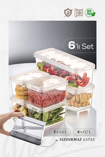 Vienev Clear 6-Block Refrigerator and Deep Freezer Leak-Proof Storage Set - 1.4 Lt/0.7 Lt