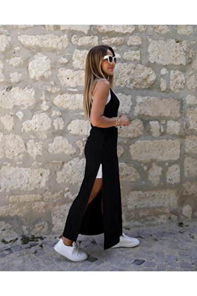 Kokosh moda Kadın Yırtmaç Detaylı Viskon Kumaş Maxi Boy Cepli Iç Dahil Ikili Elbise