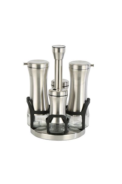 Vitale Salad Dressing and Rotating Stand Salt Shaker Pepper Shaker Oil Pot Silver Set