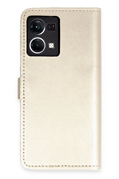 Bilişim Akademi Oppo Reno 7 Kılıf Deri Kartlıklı Kılıf Kapaklı Kılıf - Gold