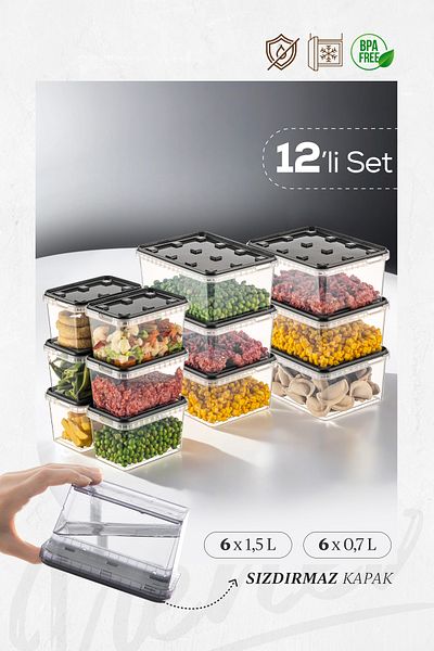 Vienev 12-Piece Transparent Anthracite Block Refrigerator and Freezer Leak-Proof Storage Container
