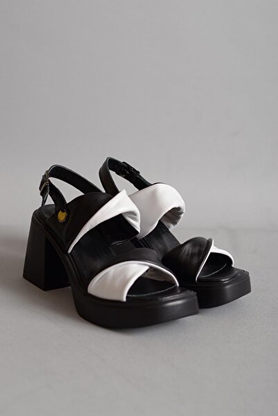 SEÇ KUNDURA SEÇ 23544 SANDALE CU TACĂ DIN PIELE AUTENTICĂ (Toc 9cm-Platformă 2,5 cm) NEGRU-ALB