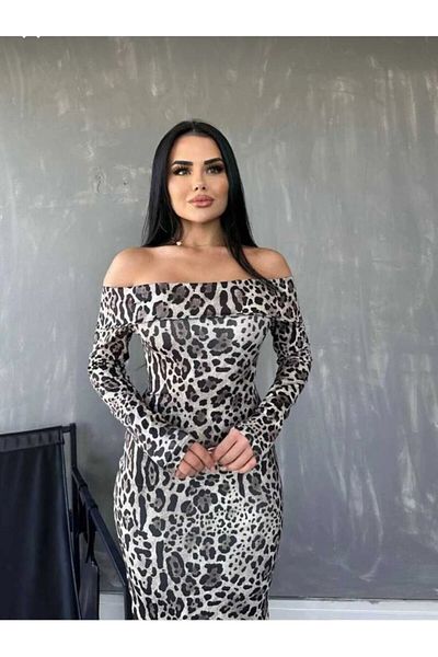 Viyamo Madonna Collar - Leopard Print Deep Slit Maxi Φόρεμα
