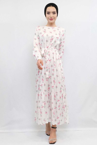 Mestore Fashion Stripe Floral Patterned Dress Ecru