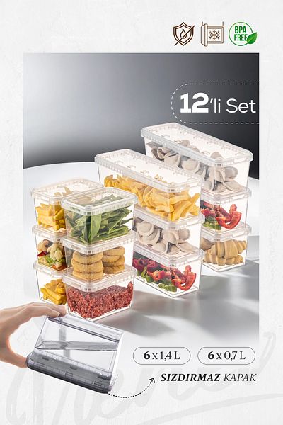 Vienev 12 Clear Storage Containers - 6X(1.4-0.7 Lt) Block Refrigerator and Deep Freezer