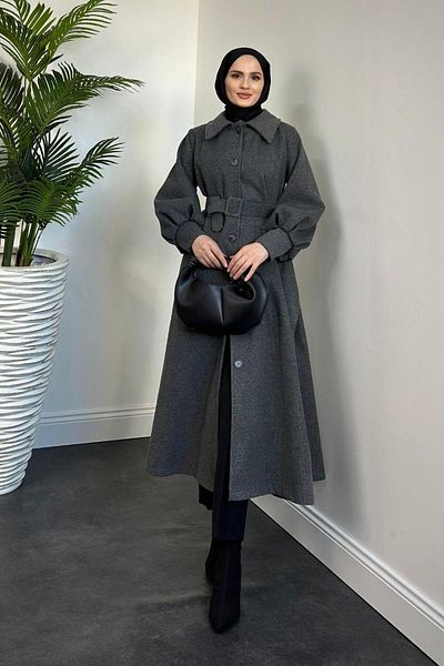 MERVEN AKYÜZ Καπνιστό πολύχρωμο παλτό Valery Cashmere - Φόδρα με μανσέτες και ζώνη