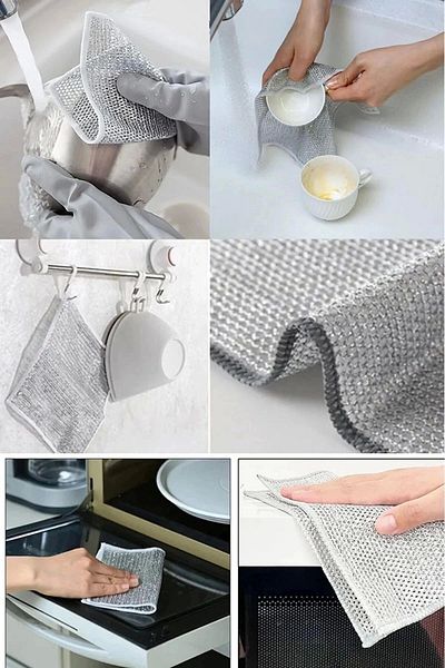 Mallame 3 Pieces Double Layer Inox Wire Dish Cloth Multi-Purpose Cleaning and Rubbing Cloth