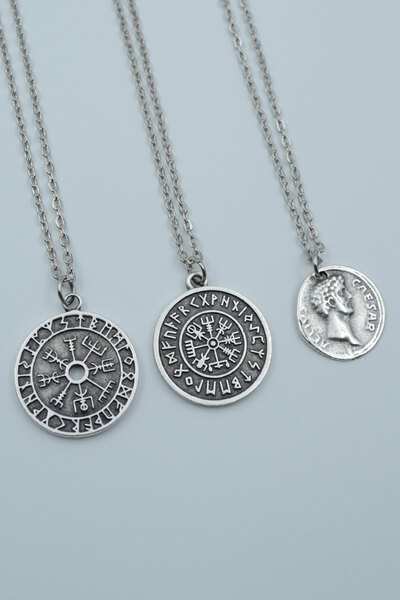 Genel Markalar 3'lü Viking Pusula Tılsım Sezar Sikke - Caesar Gümüş Kaplama U...
