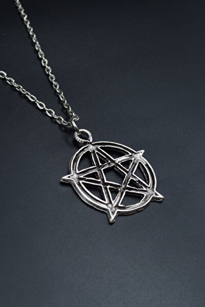 Had Safha Pentagram Yıldızı Gümüş Kaplama Unisex Düz Zincir Kolye kod 753