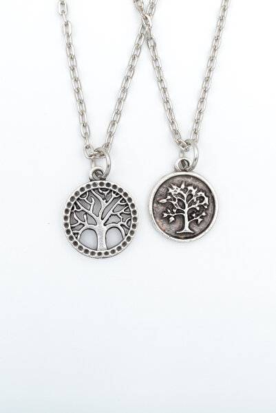 Had Safha 2'li Minimal Hayat Yaşam Ağacı Gümüş Kaplama Unisex Düz Zincir Koly...
