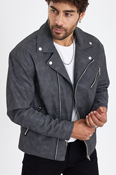 MADZEYMODA Men's Cross Zipper Washed Smoked Leather Jacket Mz58537