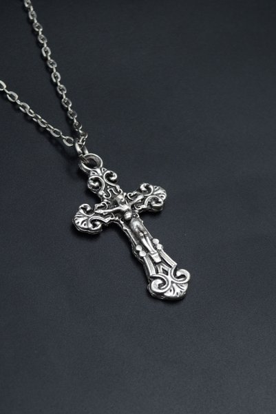 Had Safha Hz. İsa Haç Gümüş Kaplama Unisex Düz Zincir Kolye kod 817