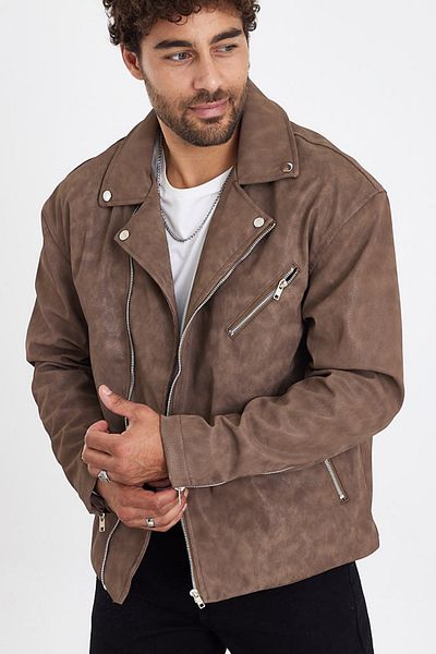 MADZEYMODA Мъжко изпрано кафяво кожено яке с кръстат цип Mz58537