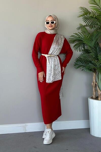 Şule Giyim Fitilli Triko Elbise Bordo