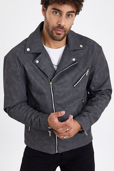 MADZEYMODA Ανδρικό δερμάτινο μπουφάν με διαγώνιο φερμουάρ που πλένεται καπνιστό Mz58537